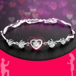 White CZ Love Heart Solid 925 Sterling Silver Elegant Bracelet