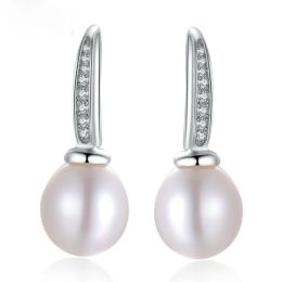 Simple Round Shell Pearl 925 Silver CZ Yellow Gold Earrings